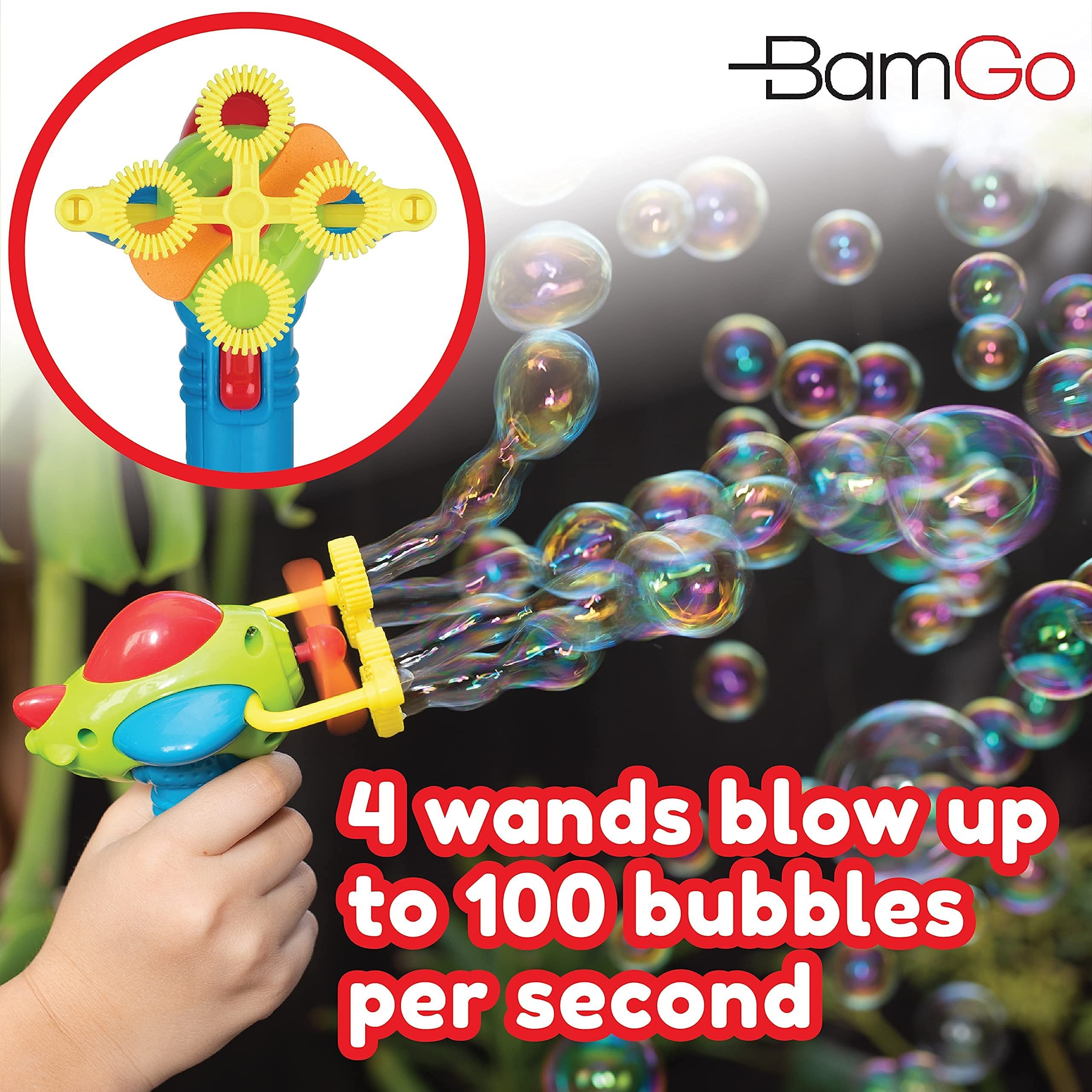 Non-Toxic BAMGO Bubble Blaster for Kids | Toy Bubble Gun | Leak-Resistant | Outdoor Games | Size: 4.7 x 3 x 3.9 | Red/Blue/Green/Yellow