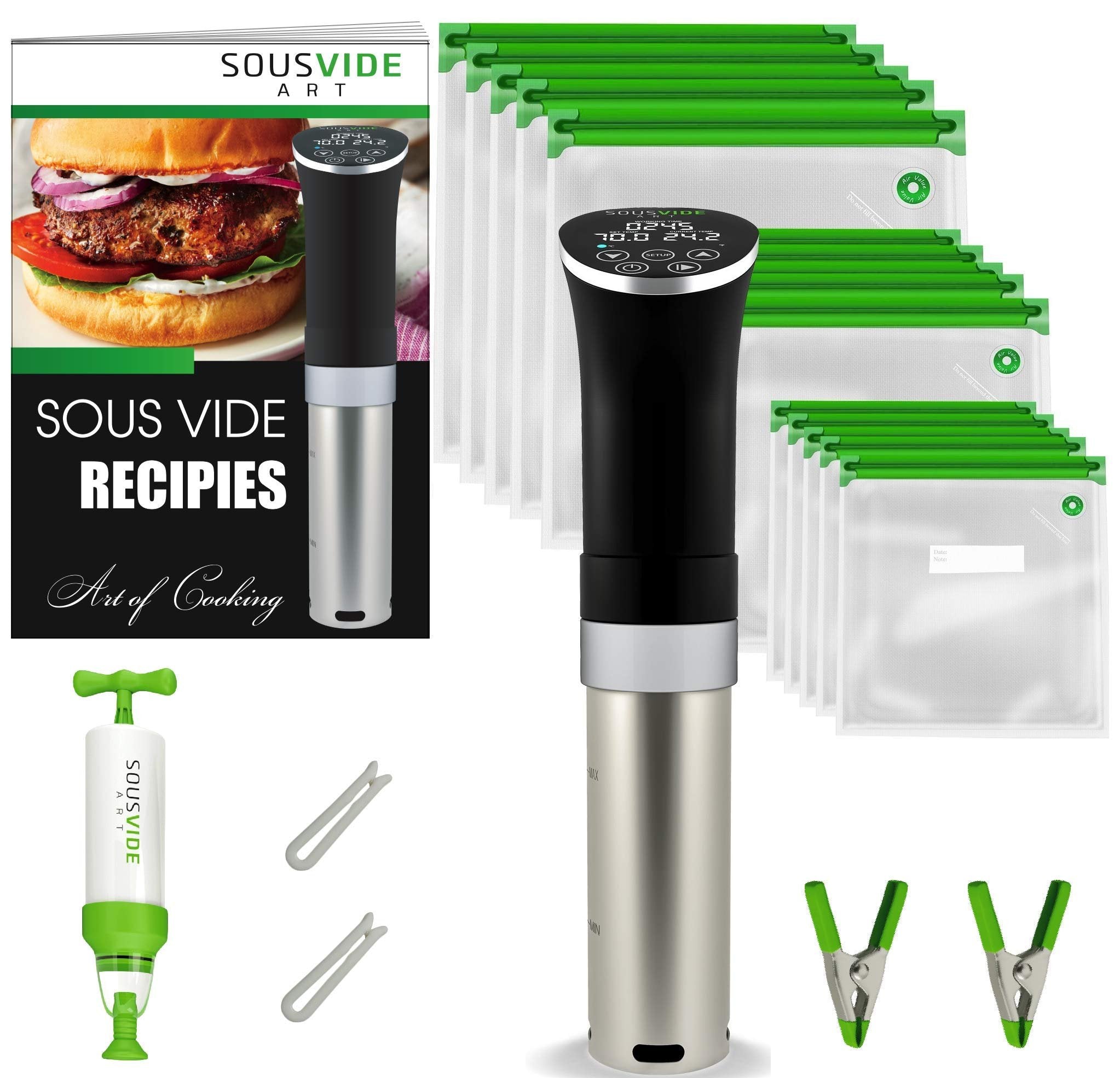 SOUSVIDE ART Precision Cooker Kit 1000W | Black | Regular Size | 15 Bags, Vacuum Pump, Digital Timer
