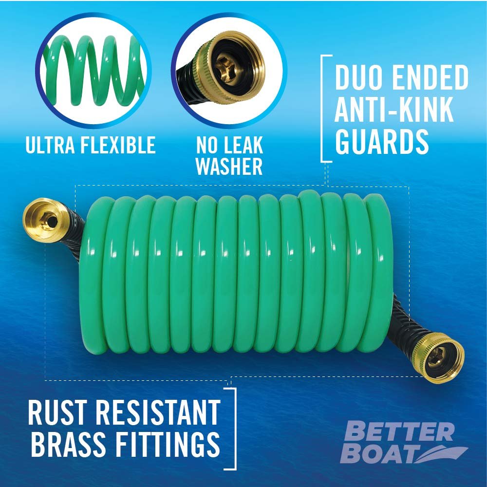 Better Boat 15FT Coiled Boat Hose | Green | Marine Grade | 3/4 Inch Connectors | Self Recoiling