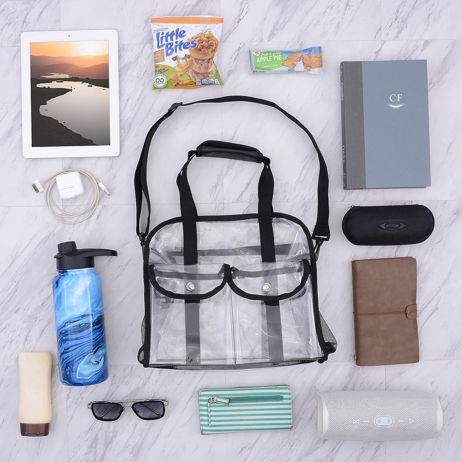 Clear Tote Bag - 12x6x12 Clear Stadium Bag, Transparent Water Resistant Plastic Messenger Tote with Handles, Shoulder Strap, & Pockets, Approved for Stadium Events, Concert, Festivals, Travel, Work