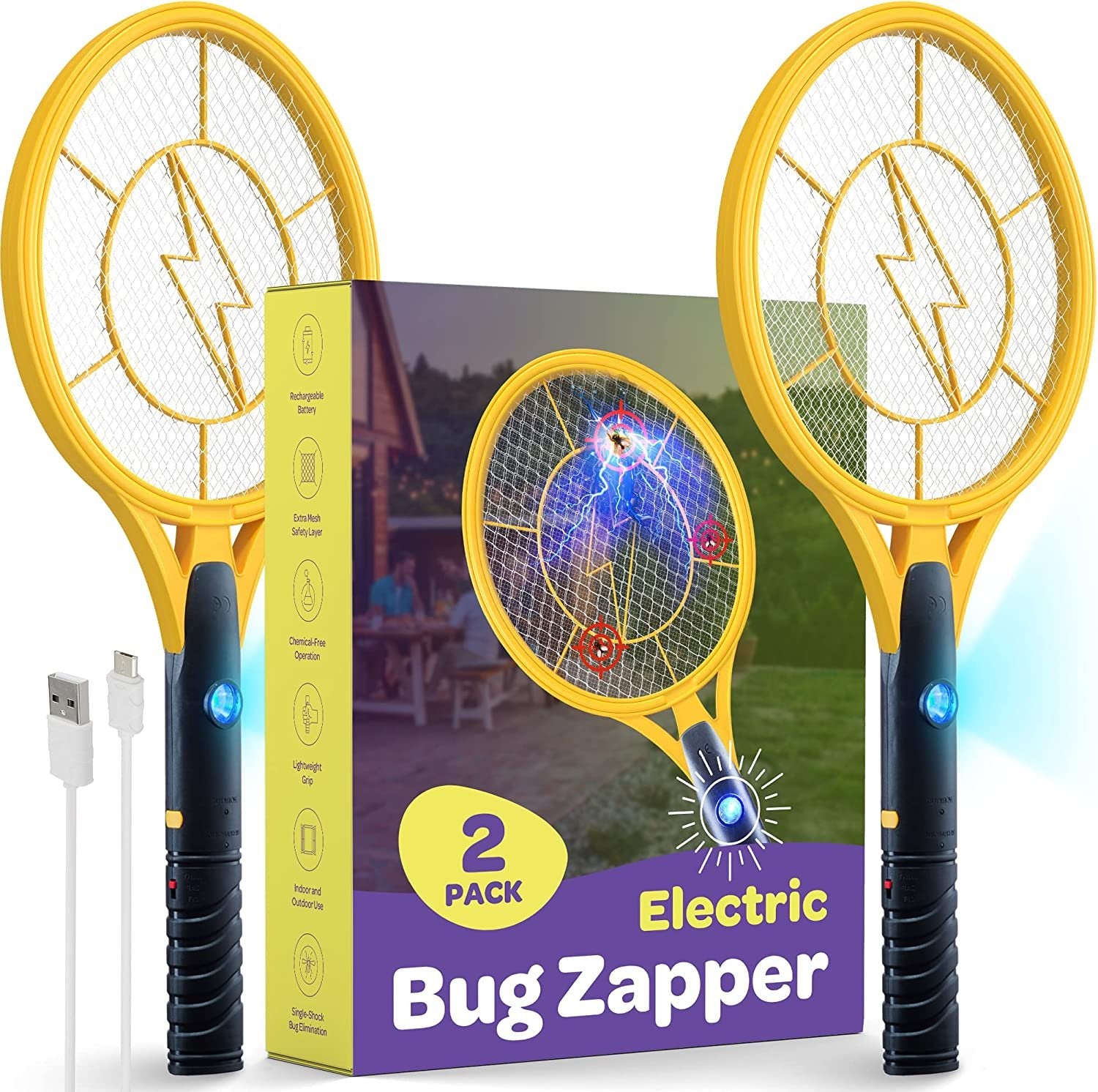 Electric Fly Swatter [Set of 2] Handheld Bug Zapper Racket for Indoor/Outdoor - 4000 Volt Fly Swatter - Instant Bug & Mosquito Killer with Attractant LED Light - USB Rechargeable Portable Fly Zapper.