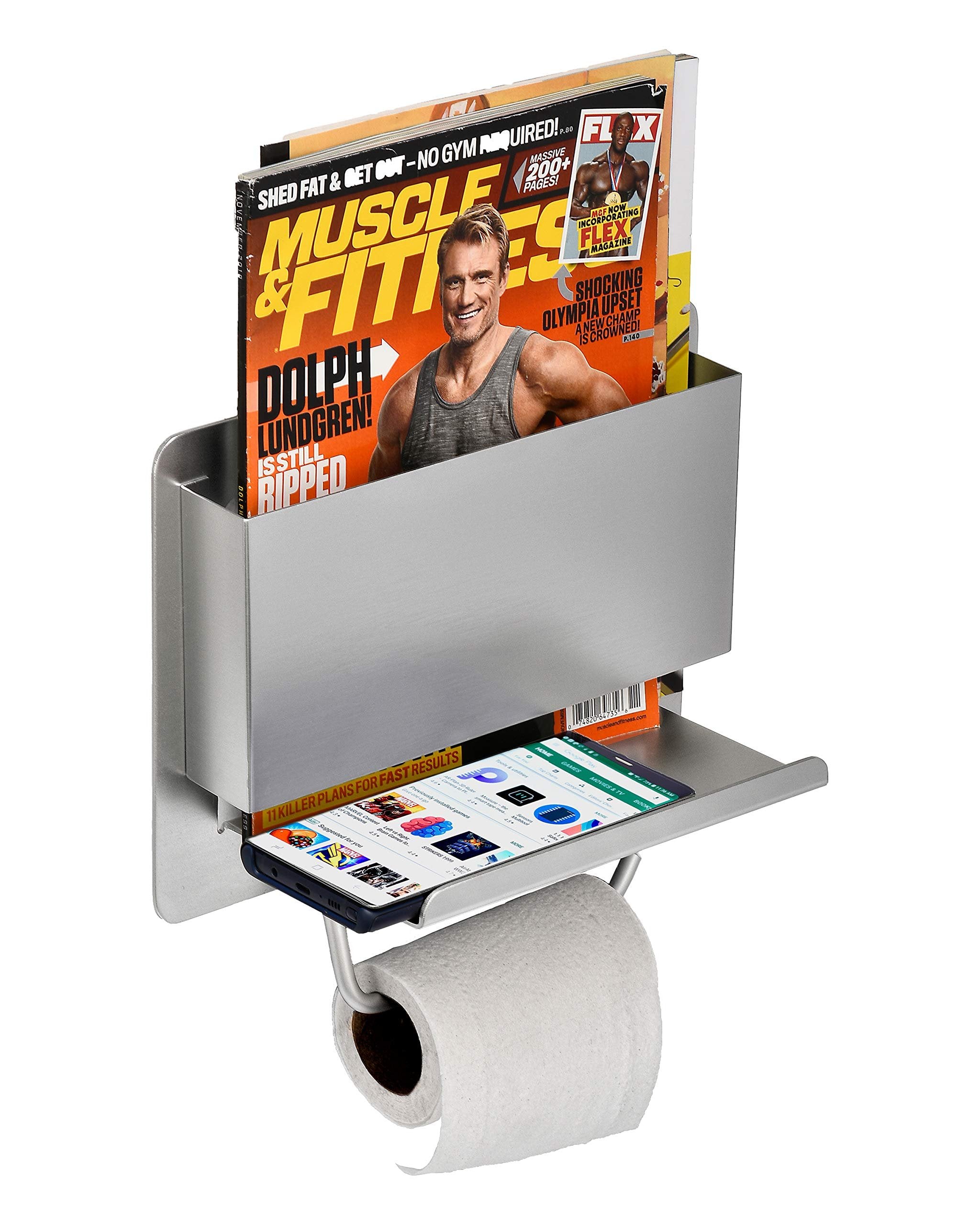 Stainless Steel Toilet Paper Holder with Shelf - Fits All Mobile Phones - Bathroom Rack, Magazine Organizer - Dispenser - {} {}.format(size or , Stainless Steel)
