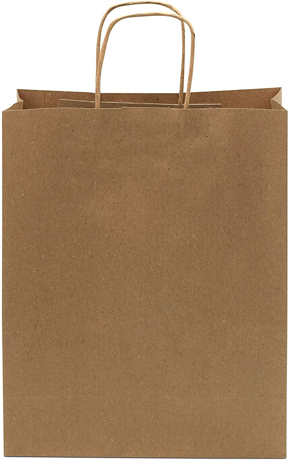 Brown Paper Bags with Handles - 10x5x13 inches 100 Pcs. Paper Shopping Bags, Bulk Gift Bags, Kraft, Party, Favor, Goody, Take-Out, Merchandise, Retail Bags, 80% PCW Debbie Size Medium Large