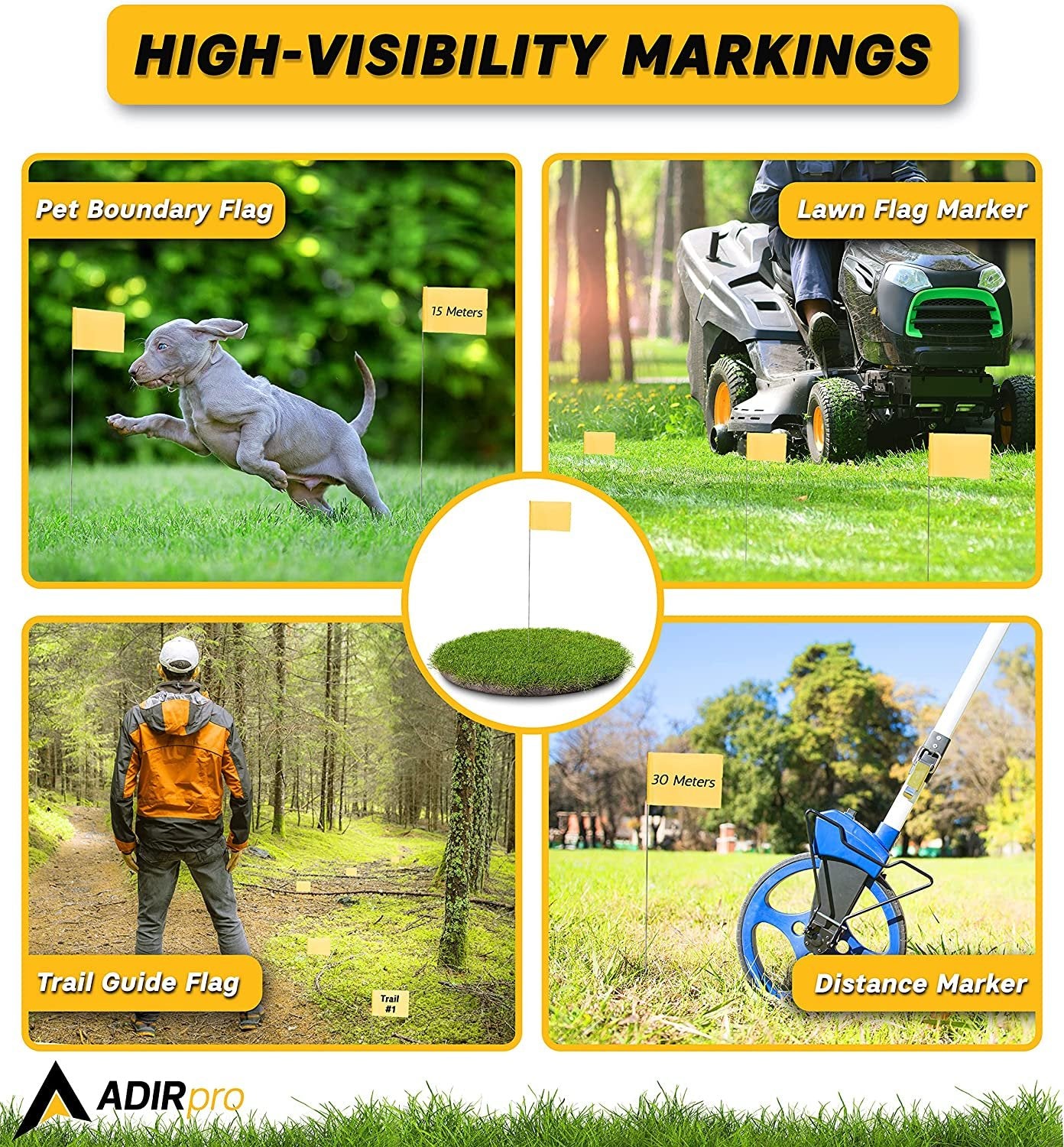 AdirPro Marking Flags 100 Pack - 2"x3" Lawn Flags - Marker Flags - Small & Thin Survey Flags - Flag Markers for Yard - Great for Ground Flags, Lawn Flags, Garden Flag Markers, Boundry Flags (Yellow)
