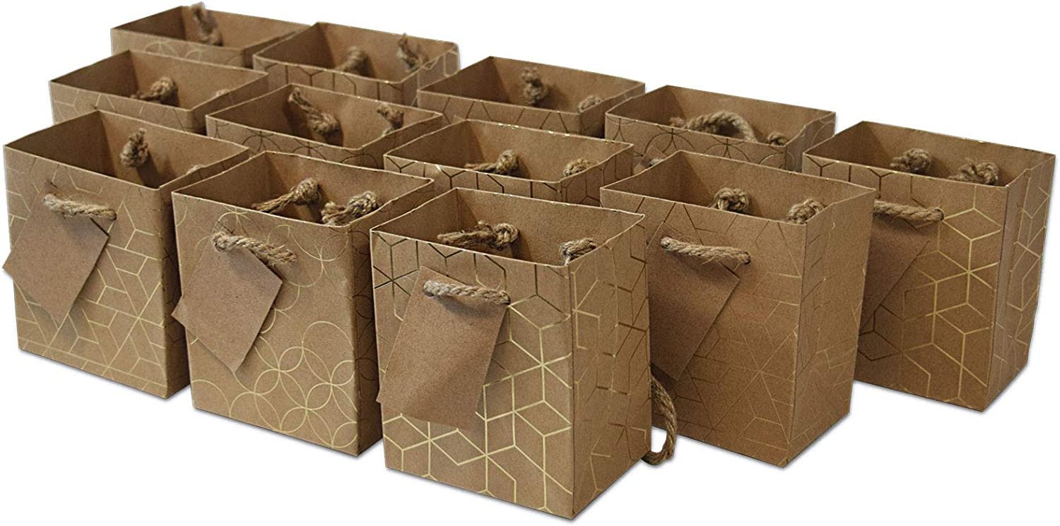 Gold Gift Bags - Mini Geometric Prints Kraft Paper Handles - 4x2.75x4.5 Inch (12 Pack) - Ideal for Parties, Bachelorette, Christmas