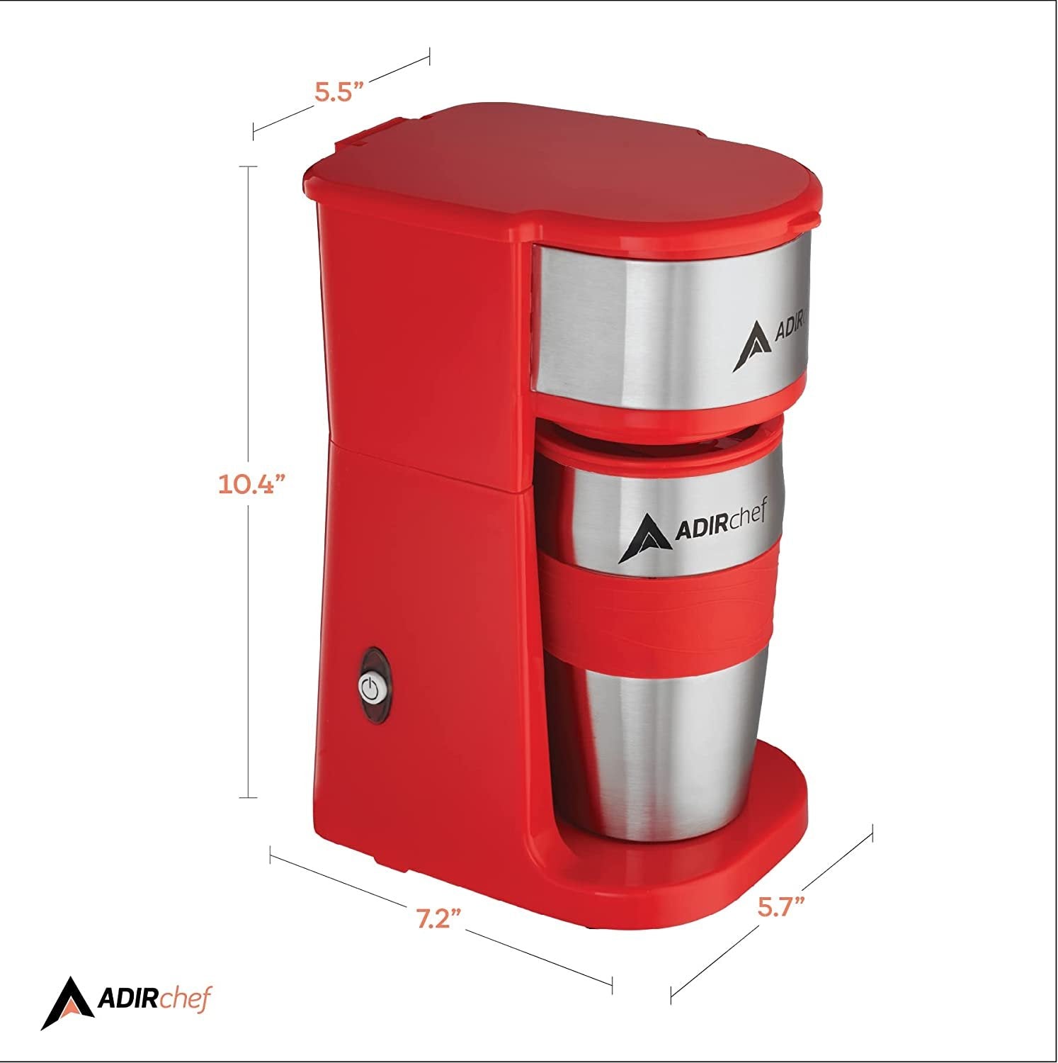 AdirChef Single Serve Mini Travel Coffee Maker & 15 oz. Travel Mug Coffee Tumbler & Reusable Filter for Home, Office, Camping, Portable Small and Compact for Fathers Day (Orange)