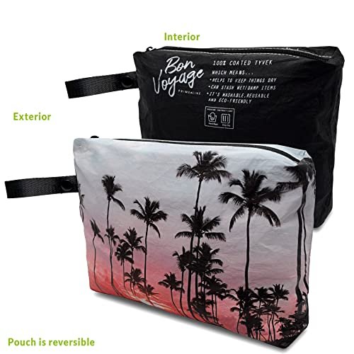 Small Wet Bag for Swimsuit - Palm Beach & Black Print, Reversible Waterproof Pouch with Carabiner Clip, Diaper Bag for Bathing Suits, Travel, Gym, Baby - 8.5x1.75x6.5 Inch