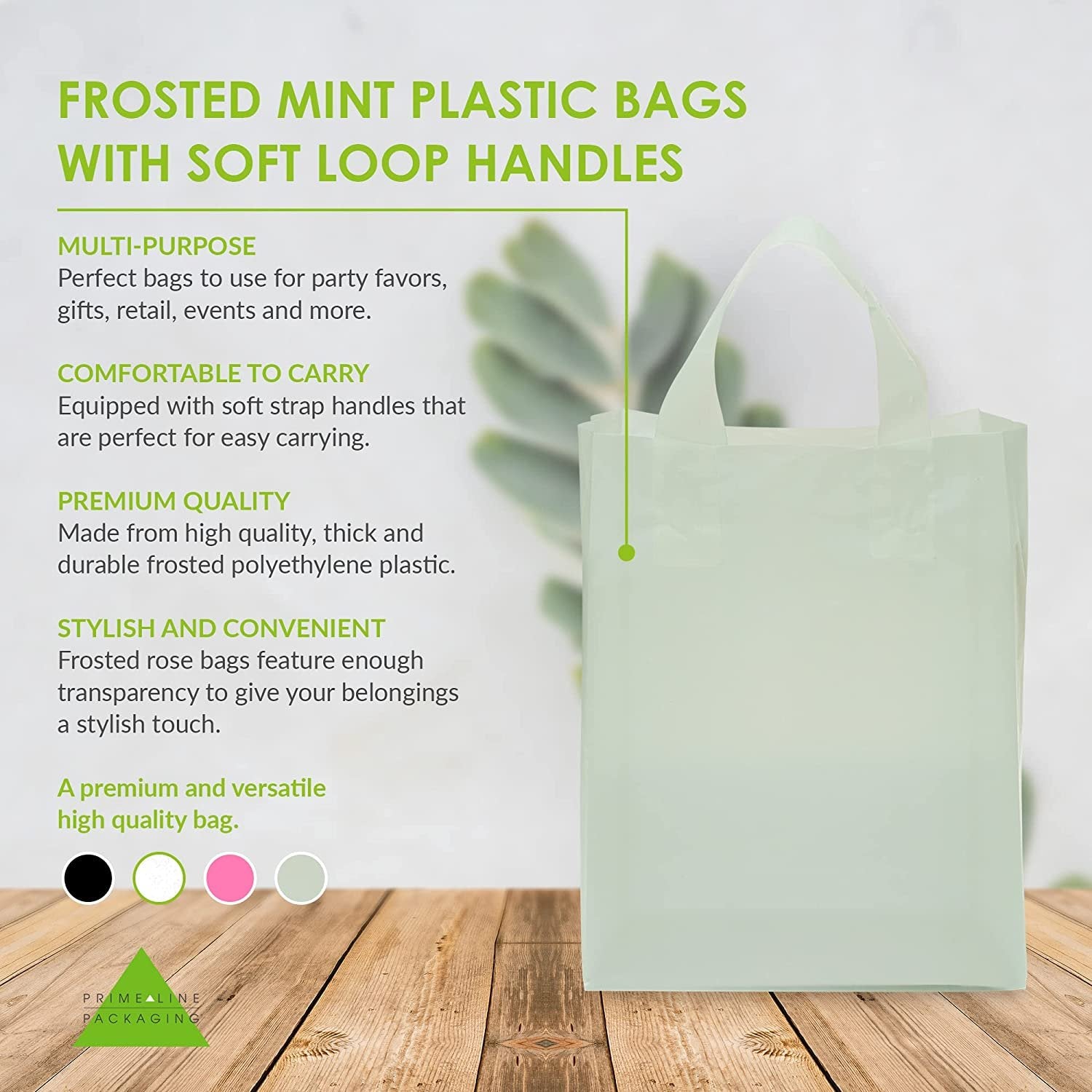 Shopping Bags for Small Business - 8x4x10 Inch 100 Pack Small Frosted Mint Green Colored Plastic Shopping Bags with Handles & Cardboard Bottom for Gifts, Business, Boutique & Retail Customers in Bulk