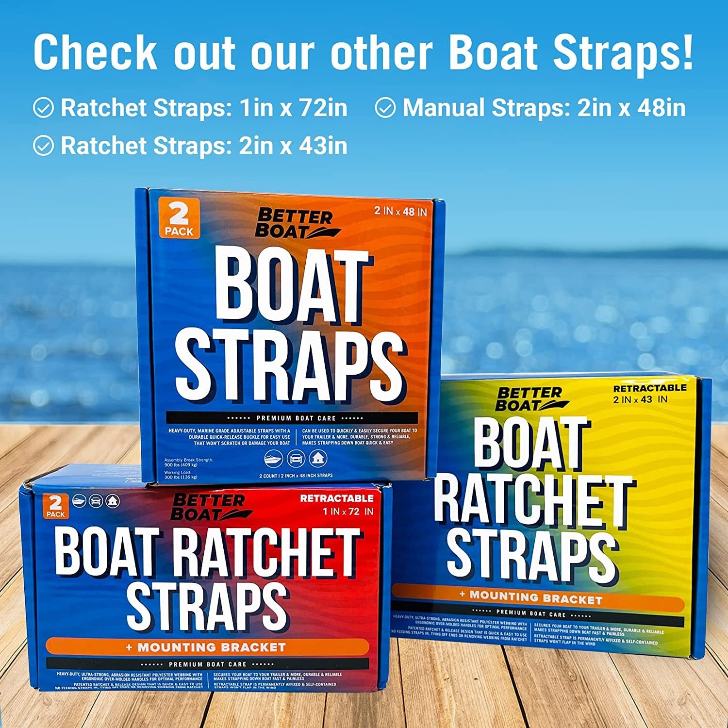 Stainless Steel Retractable Ratchet Straps Heavy Duty Set 2 Transom Tie Downs to Boat Trailer Mounting Brackets & Bolts Set 2 inch x 43" Auto Retract Self Retracting Buckle Short & Long for Cargo