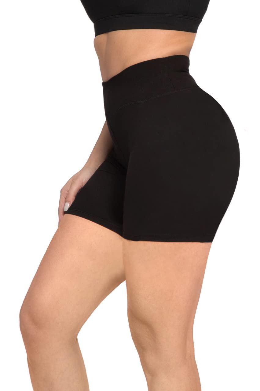 High Waist SATINA Biker Shorts for Women - Black - Size Large (5-Inch) - Yoga Shorts for Regular & Plus Size Women - Free Shipping & Returns
