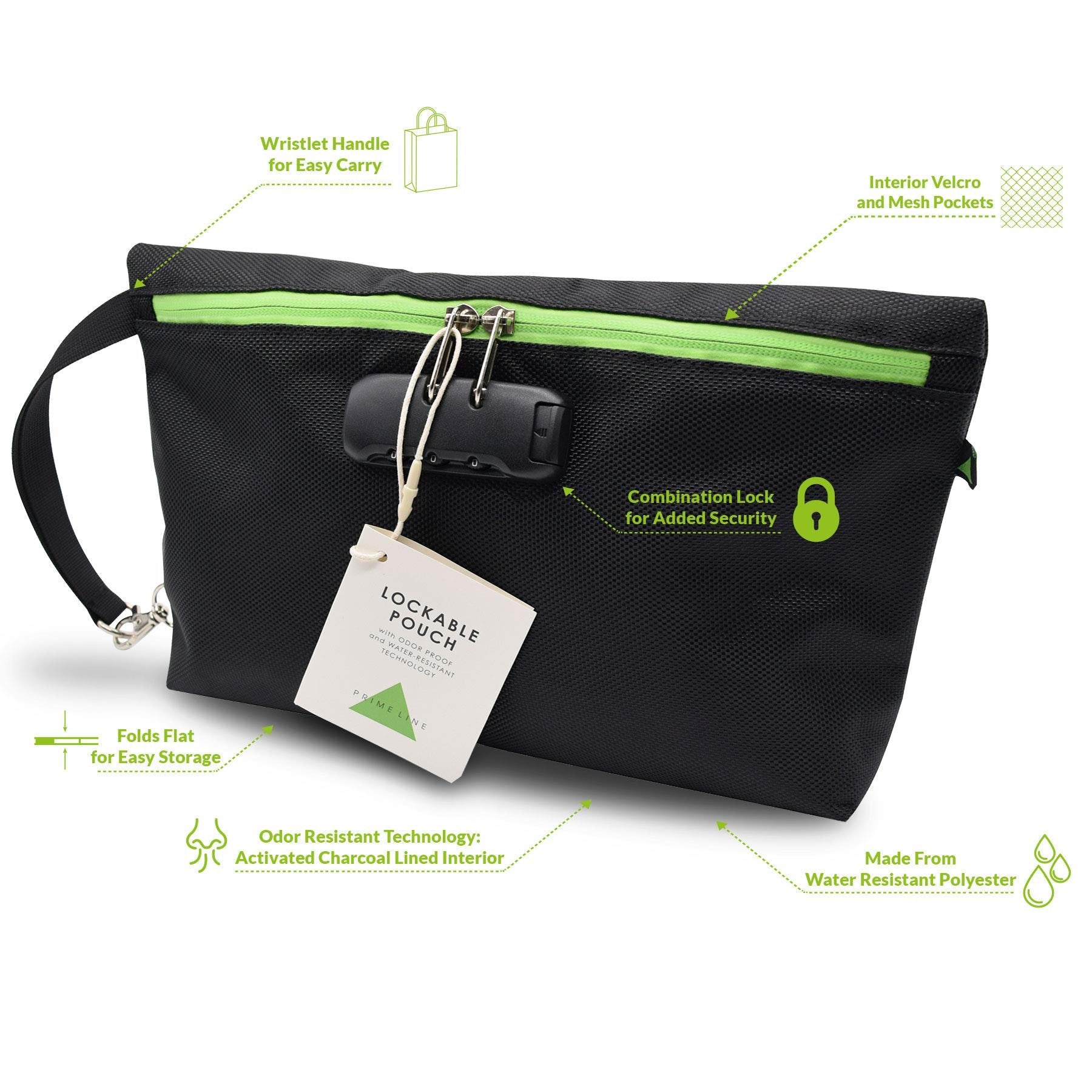 Water Repellent Black Zippered Pouch w/ Lock Combo & Wristlet Handle-12.8x2.3x7.68