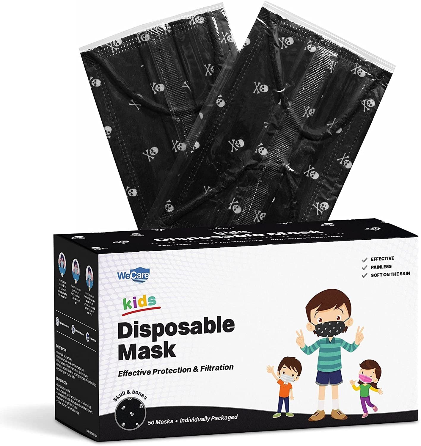 WeCare Disposable Face Masks For Kids, 50 Skull and Bones Print Masks, Individually Wrapped