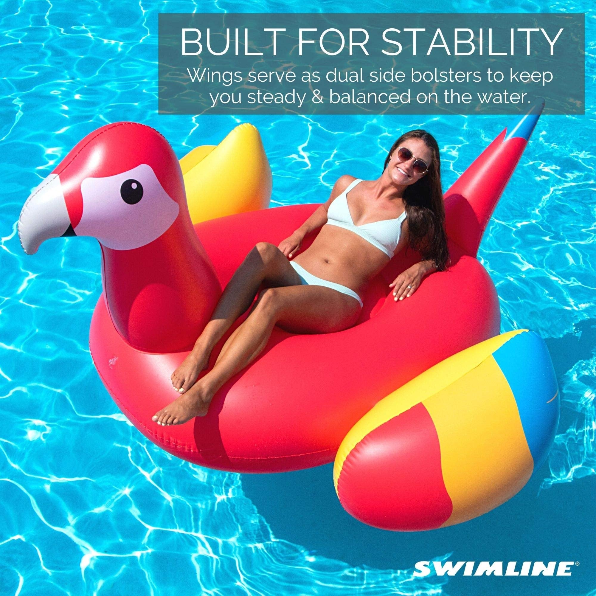 SWIMLINE ORIGINAL 90629 Giant Inflatable Parrot Pool Float Floatie Ride-On Lounge W/ Stable Legs Wings Large Rideable Blow Up Summer Beach Swimming Party Lounge Big Raft Tube Decoration Toys Kids