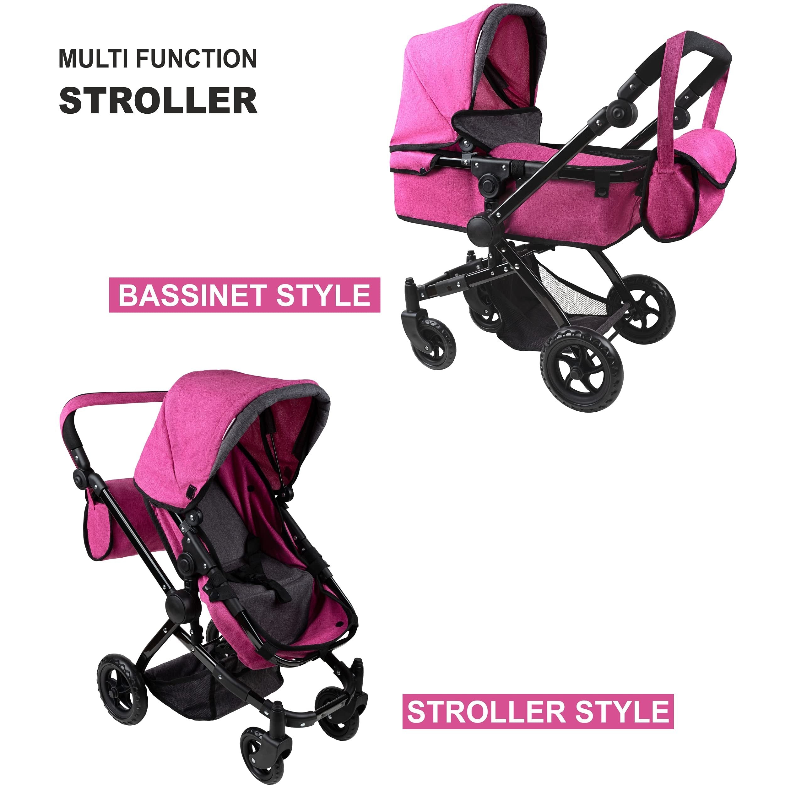 Fash n Kolor Baby Doll Stroller - Foldable Bassinet Stroller, Hot Pink, 19x13 Inches, Adjustable Handle, Convertible Seat, Free Carriage Bag