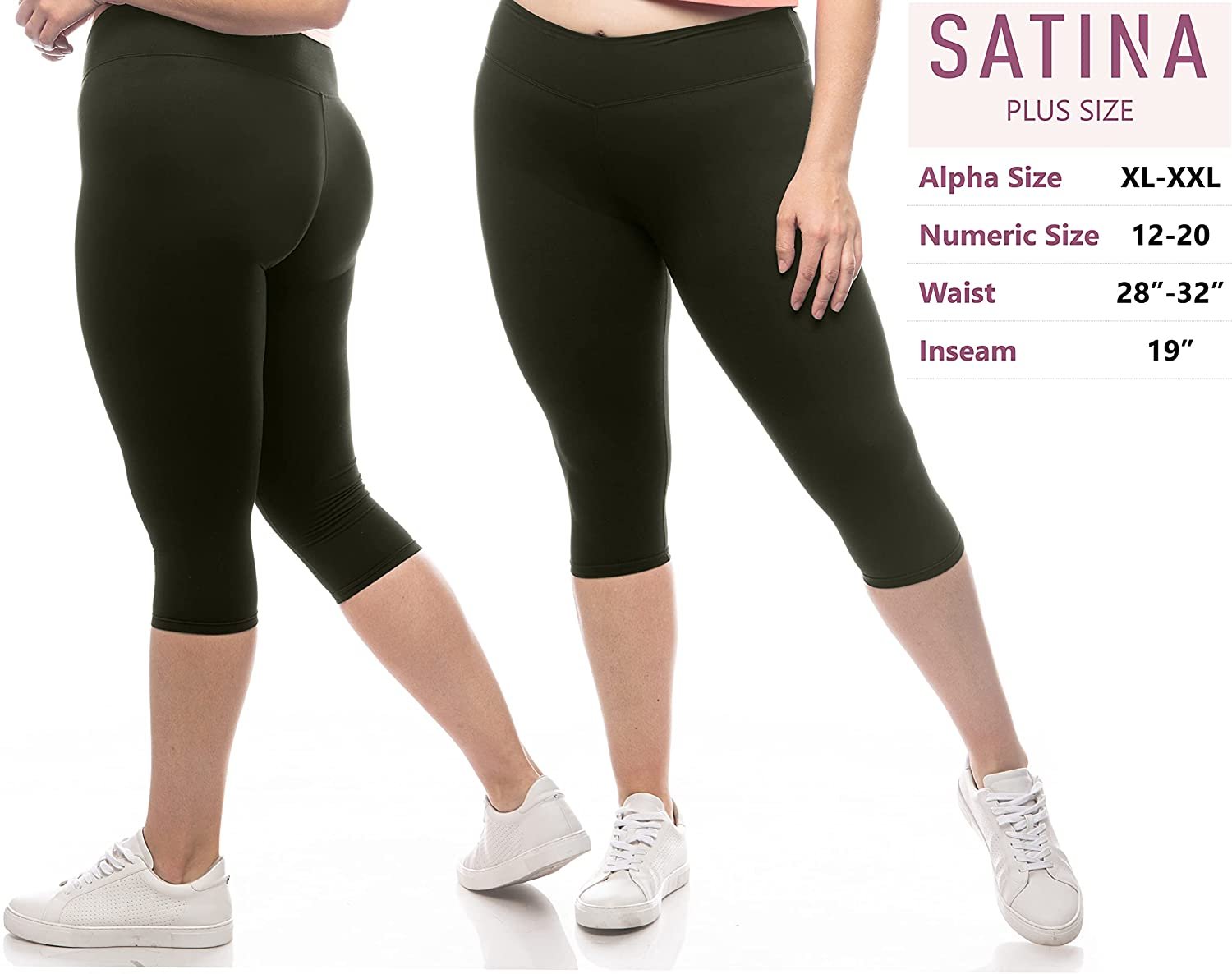 SATINA Capri High Waisted Leggings for Women | 3 Inch Waistband (Plus Size, Olive)