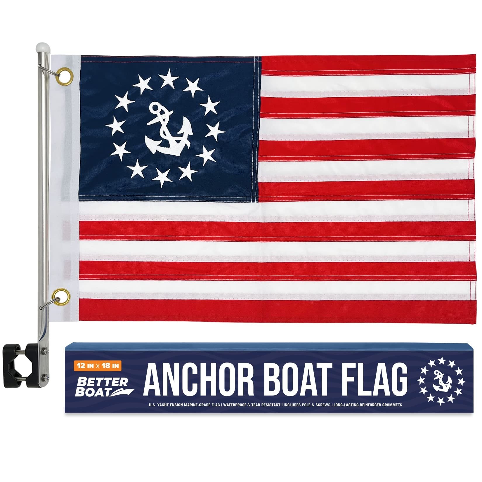 Better Boat Yacht Ensign Flag Pole Kit - 12x18 Double Sided Marine Grade Holder for Small American Flags - Pontoon, Sailboat, Ski Rail Mount