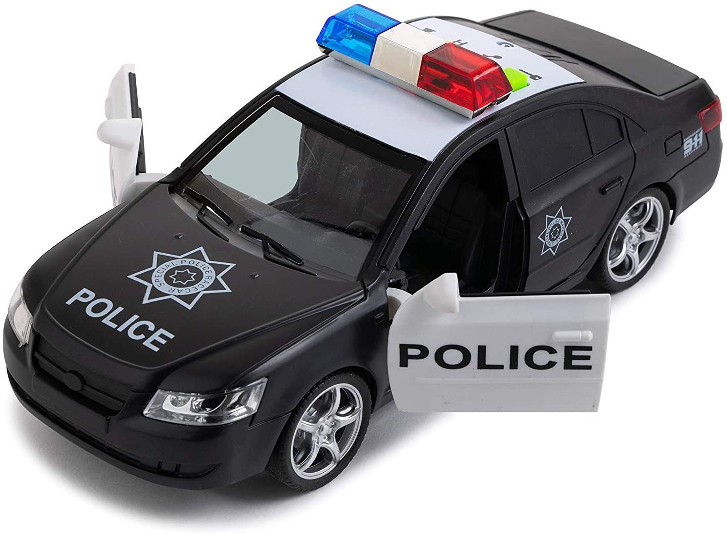 Toy To Enjoy Friction Powered Police Car with Light & Sounds - Heavy Duty Plastic Vehicle Toy for Kids & Children - Openable Doors, Detailed Interior