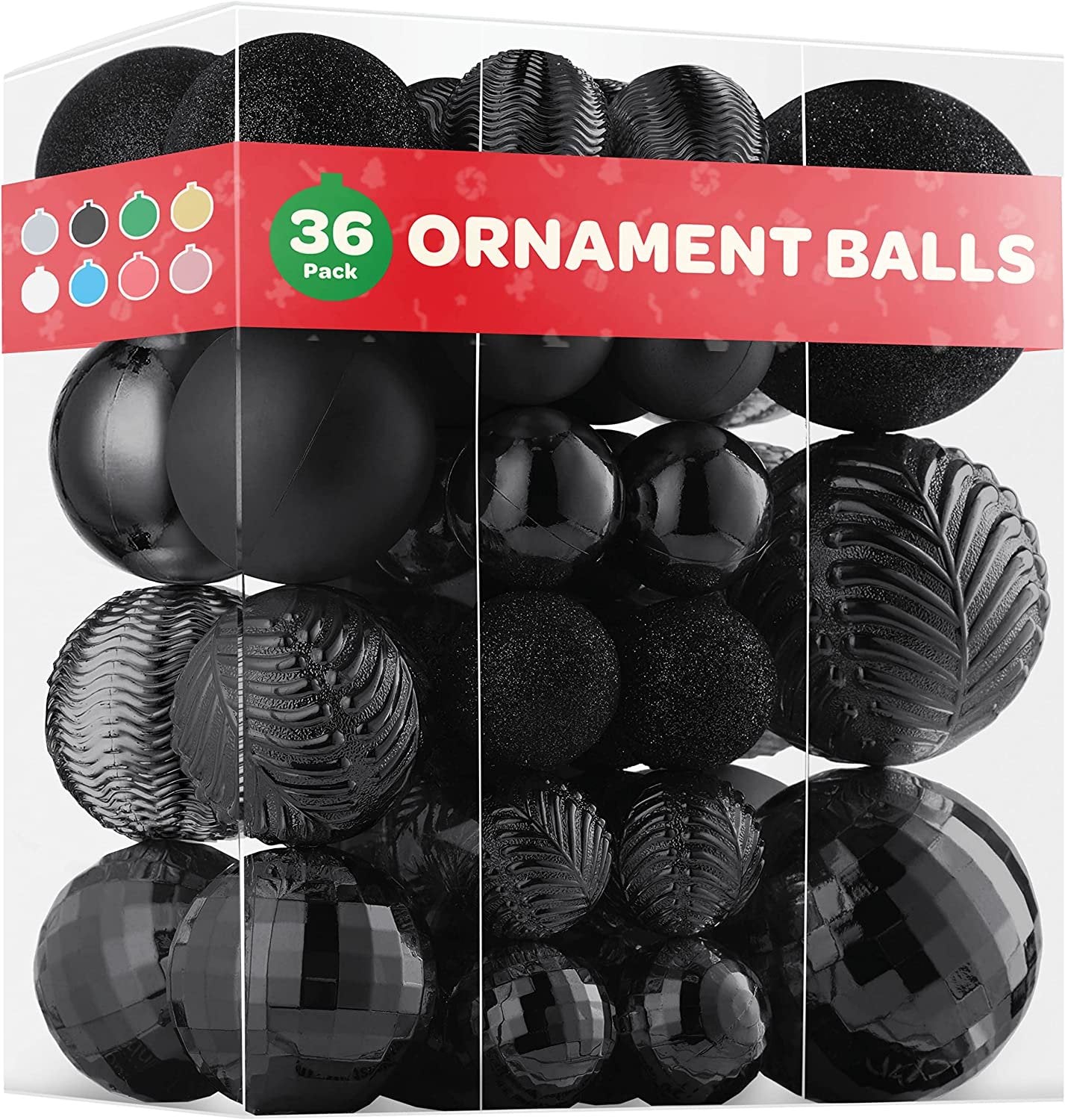 Christmas Ornaments Set of 36 - Beautiful [Black] Christmas Tree Decorations Ornaments Set - 6 Style Christmas Ball Ornaments - Shatterproof/Pre-Strung - for Holiday/Party/Decorations/DIY