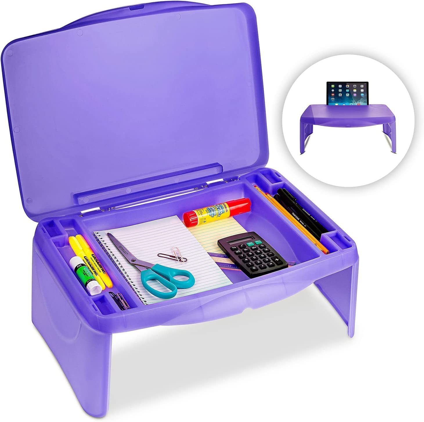 Folding Lap Desk, Laptop Desk, Breakfast Table, Bed Table, Serving Tray - The lapdesk Contains Extra Storage Space and dividers & Folds Very Easy, Great for Kids, Adults, Boys, Girls, (Purple)