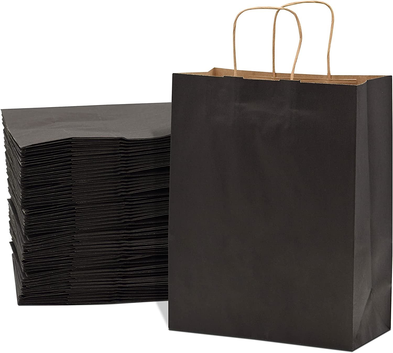 Black Gift Bags with Handles - 10x5x13 Inch 100 Pack Medium Kraft Paper Shopping Bags, Craft Totes in Bulk for Boutiques, Small Business, Retail Stores, Birthdays, Party Favors, Jewelry, Merchandise