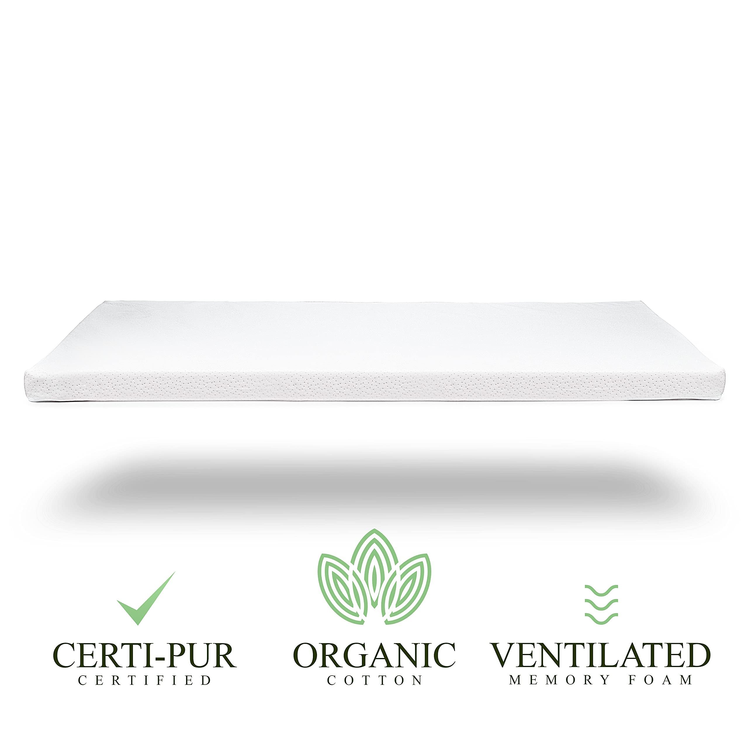 Organic Cotton Pack n Play Topper | CertiPUR-US Baby Mattress Pad for Portable Toddler Bed & Playard w/Washable Waterproof Cover, Soft Ventilated Foam Padding, Nonslip Bottom, Travel Strap | 26x38x2”