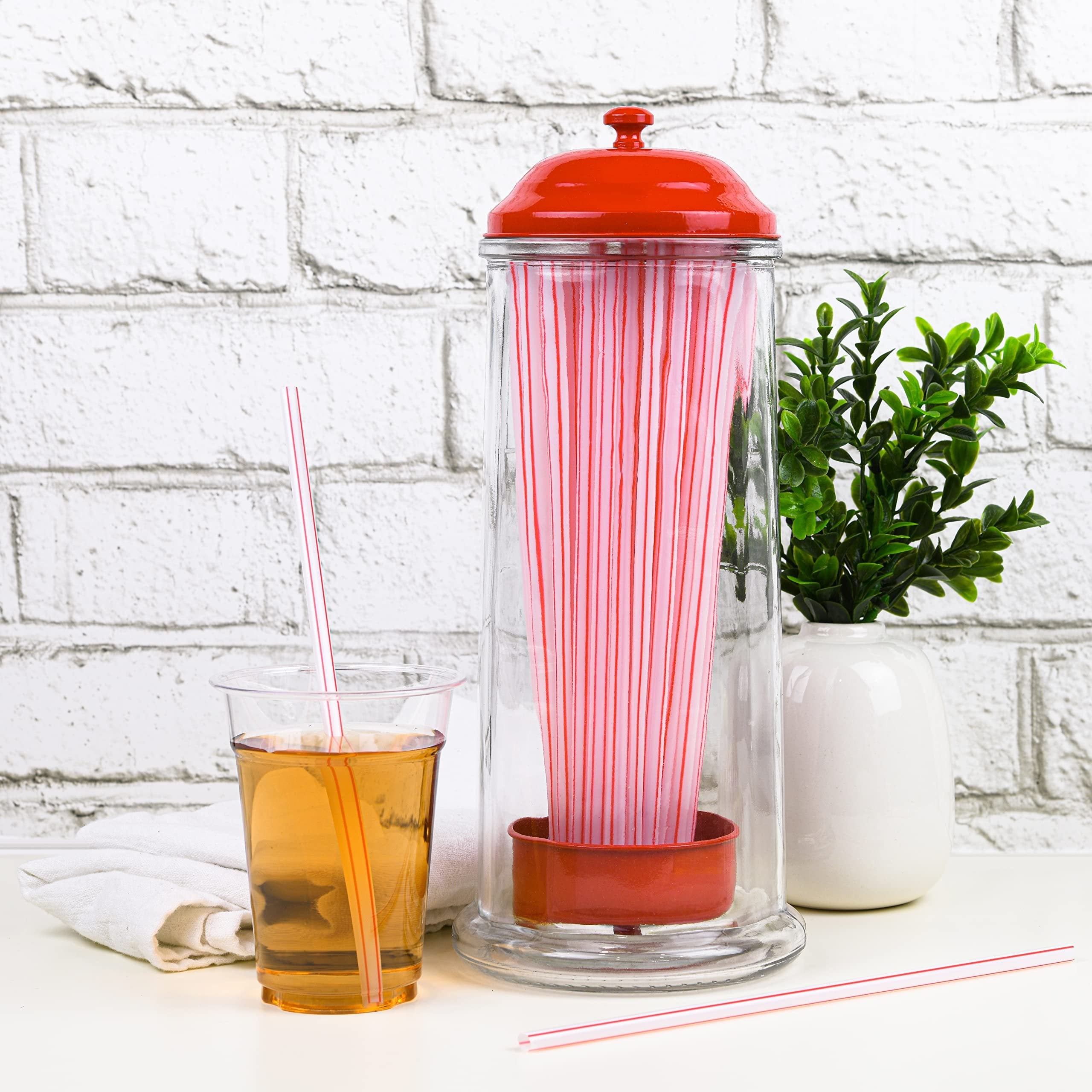GADGETWIZ Red Glass Straw Dispenser w/ Stainless Steel Lid | Holds Straws up to 8.5 | Free Shipping & Returns"