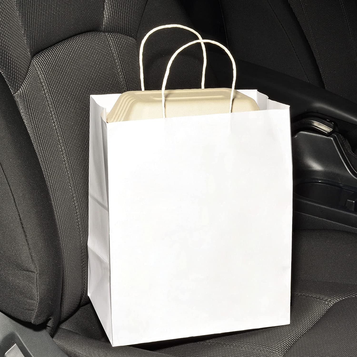 Take Out Bags - 50 Pack White Paper Bags with Handles, Paper Shopping Bags, Bulk Gift Bags, Kraft, Party, Favor, Goody, Take-Out, Merchandise, Retail Bags, 80% PCW Bistro Size Medium - 10x6.75x12