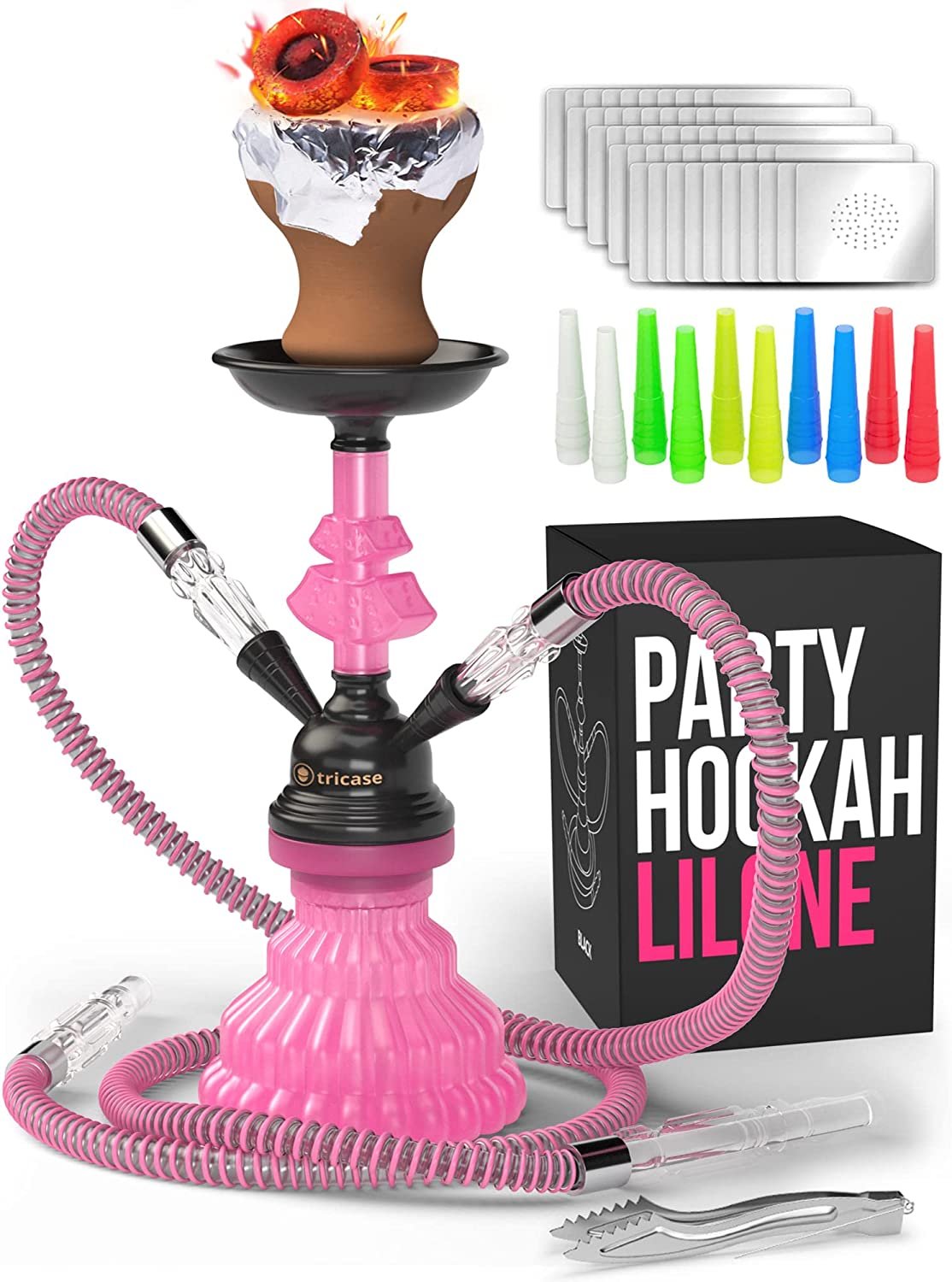 Tricase Pink Hookah Set - LilOne 12” Mini 2-Hose Kit with Foil Bowl & Mouthpiece, Free Shipping