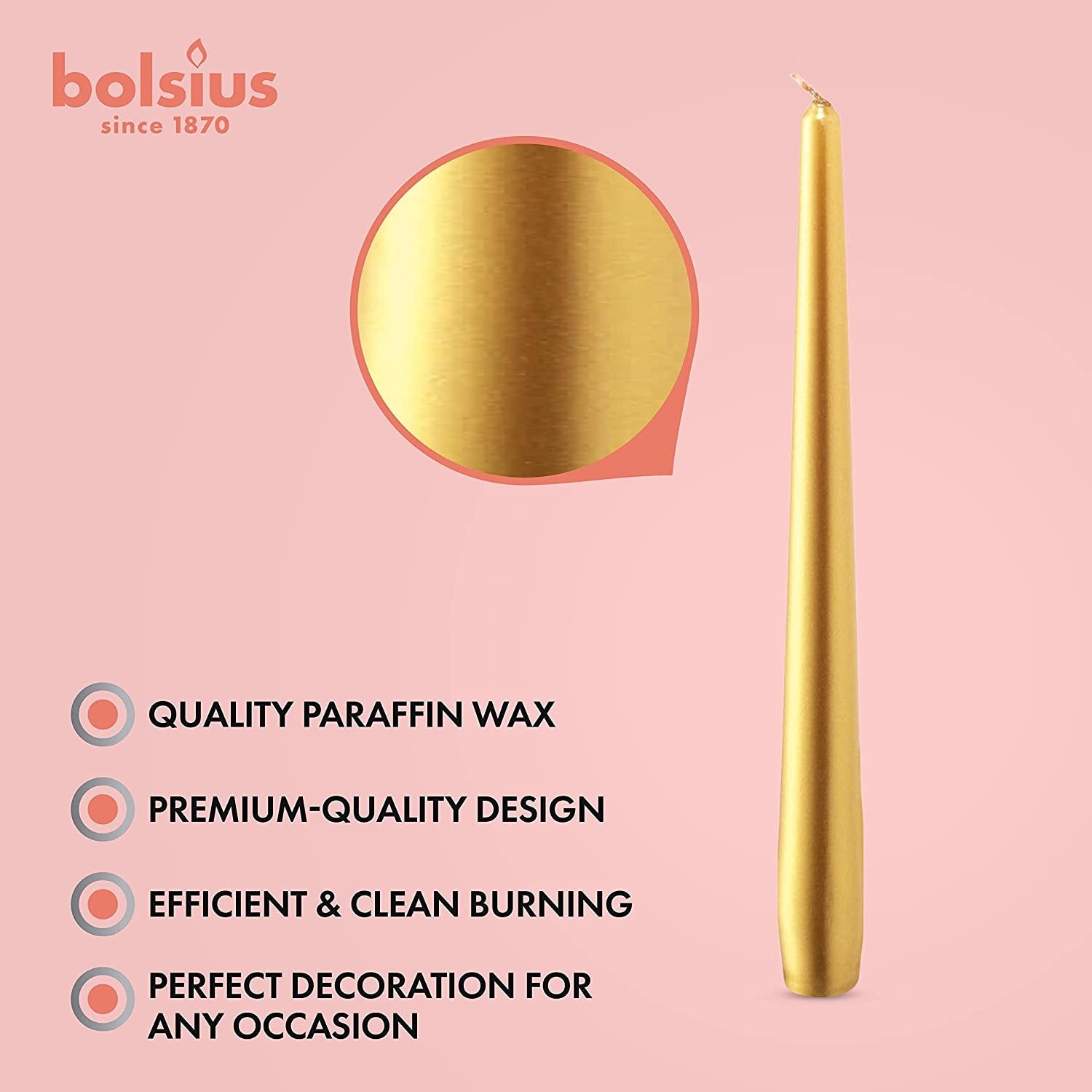 BOLSIUS Metallic Gold Taper Candles - 12 Pack Individually Wrapped 10 Inch Dinner Candle Set - 8 Burn Hours - Premium European Quality - Unscented Smokeless & Dripless Household Party Candlesticks