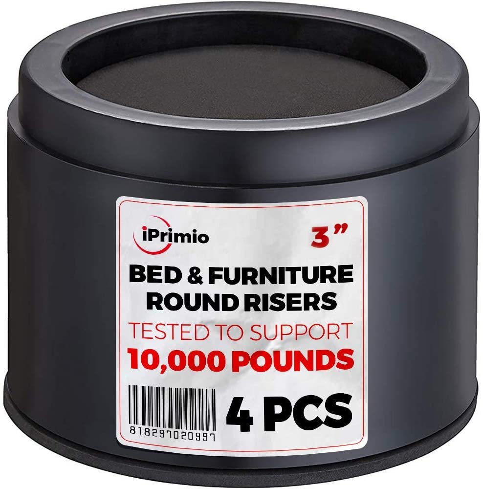 iPrimio Bed and Furniture Risers – Round Elevator up to 3 inches & Lifts Up to 10,000 LBs - Protect Floors and Surfaces – Durable ABS Plastic and Anti Slip Foam Grip – Non Stackable
