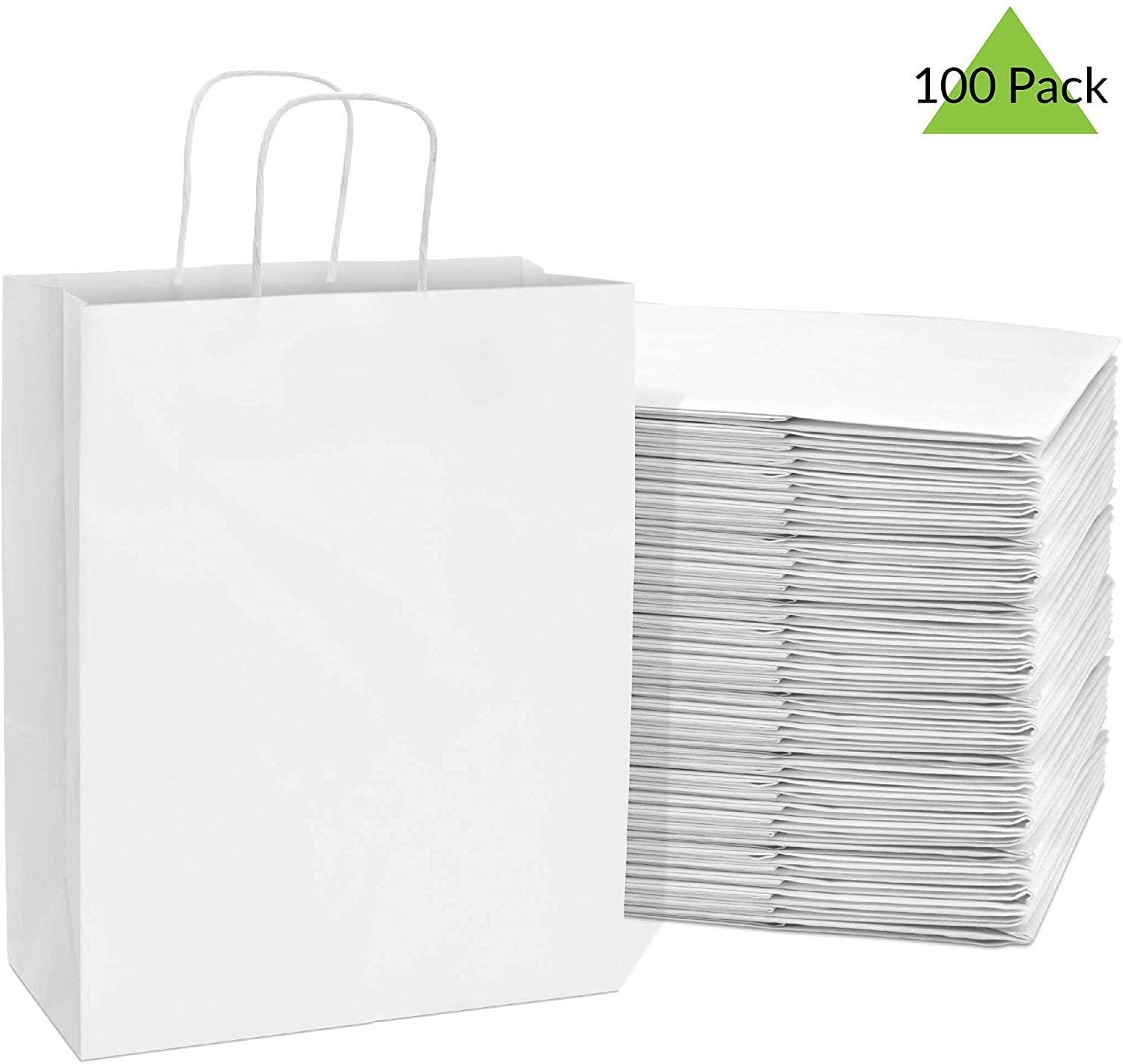 100 White Paper Bags 10x5x13 Inch w/ Handles - Bulk Kraft Retail Shopping Gift Bags