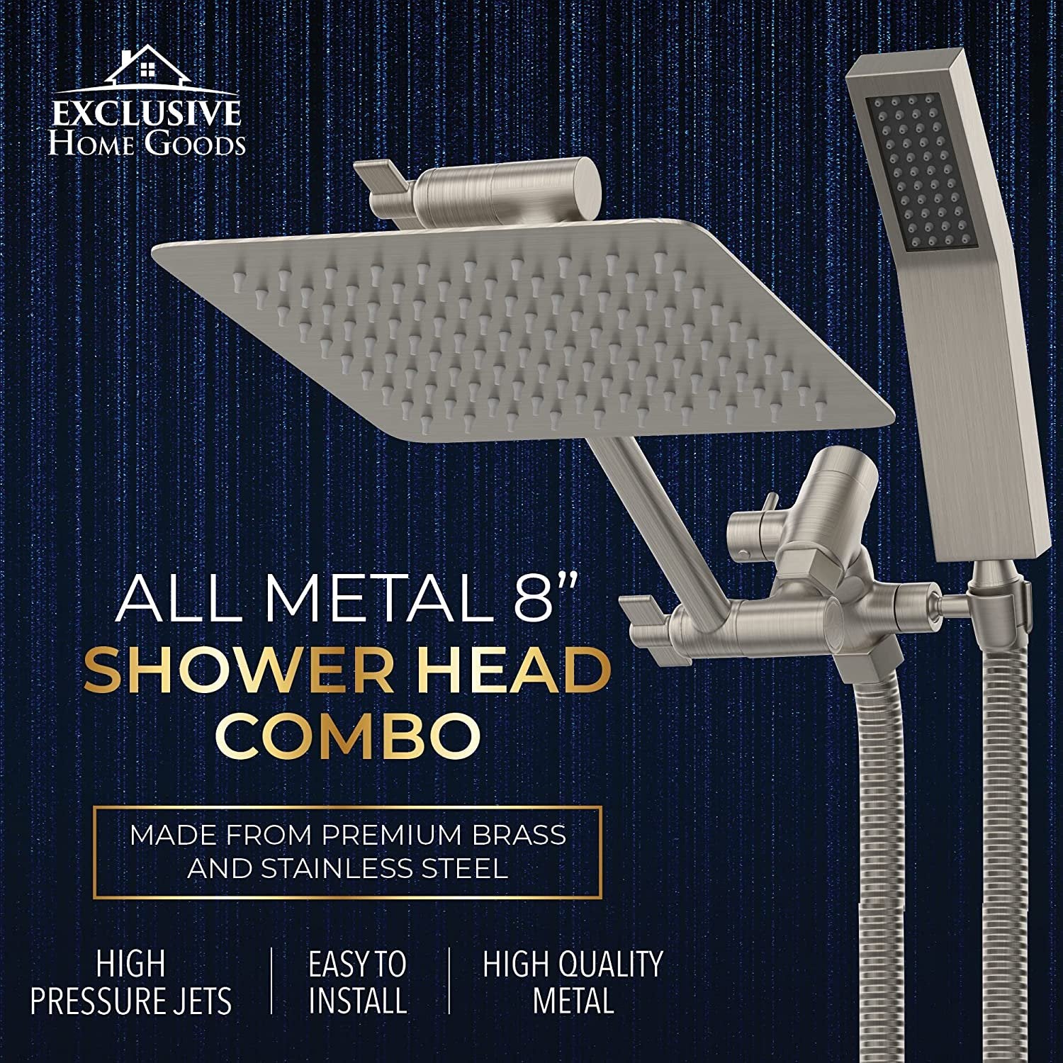 Exclusive Home Goods - Large 8 Inch All Metal Rainfall Shower Head With Handheld High Pressure Dual Shower Head Combo Set - Rain Showerhead with Adjustable Extension Arm, 71" Hose - Nickel