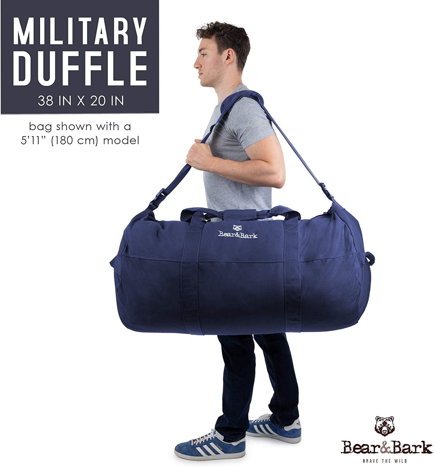 New Bear&Bark Large Blue Duffle Bag - 38" X 20" Canvas Army Style Cargo Tote for Travel, College, and Storage - 195.6L