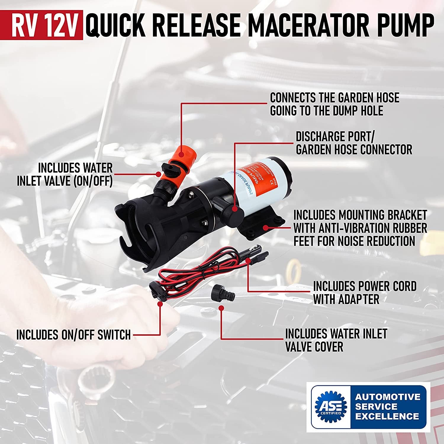 RV Sewer Macerator Pump 12V - 12 GPM Quick Release Macerator Pump Marine for RV Trailer, Camper Van, Caravan, Boat - 12/24V DC Seamless Motor - Portable Dump Station Mount Boat Waste Pump