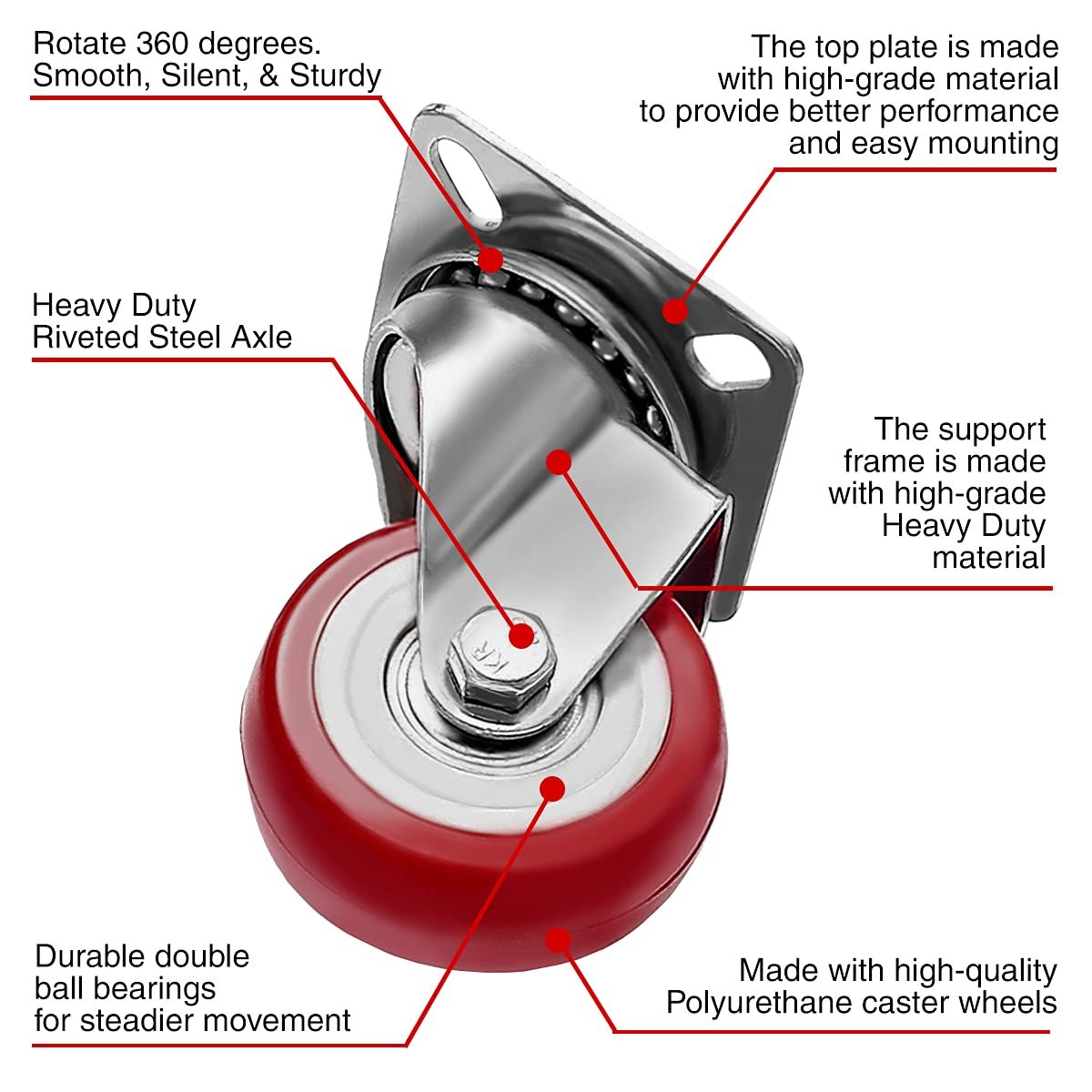 Online Best Service 8 Pack Red Polyurethane Caster Wheels - Swivel Plate, Combo Size