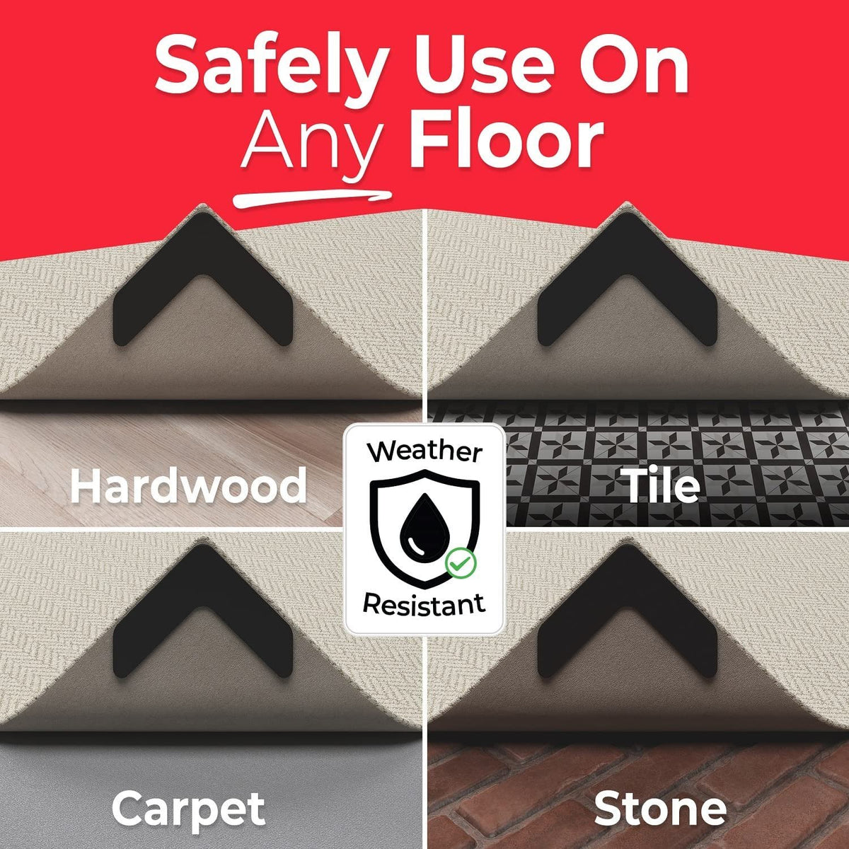 NeverCurl Best V Shape Design Gripper to Instantly Stops Rug Corner Curling. Safe for Wood Floors. for Indoor & Outdoor Rugs - Not an Anti-Slip pad - Made USA - Patented