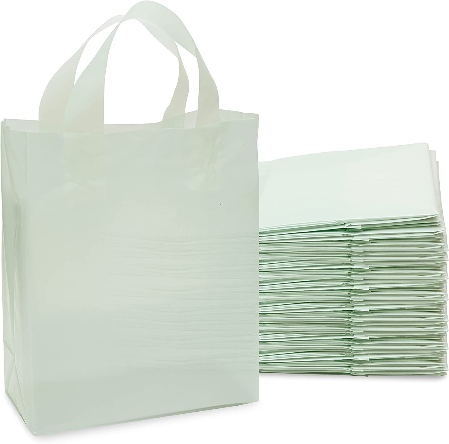 Shopping Bags for Small Business - 8x4x10 Inch 100 Pack Small Frosted Mint Green Colored Plastic Shopping Bags with Handles & Cardboard Bottom for Gifts, Business, Boutique & Retail Customers in Bulk