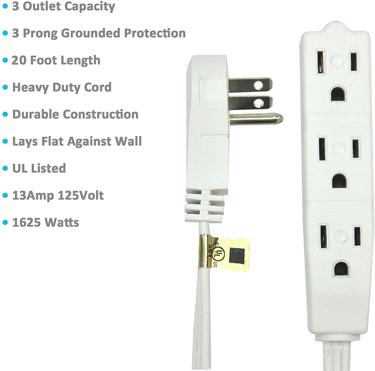 BindMaster 20ft White Extension Cord, 3 Outlets, Angled Flat Plug, 3-Prong Grounded