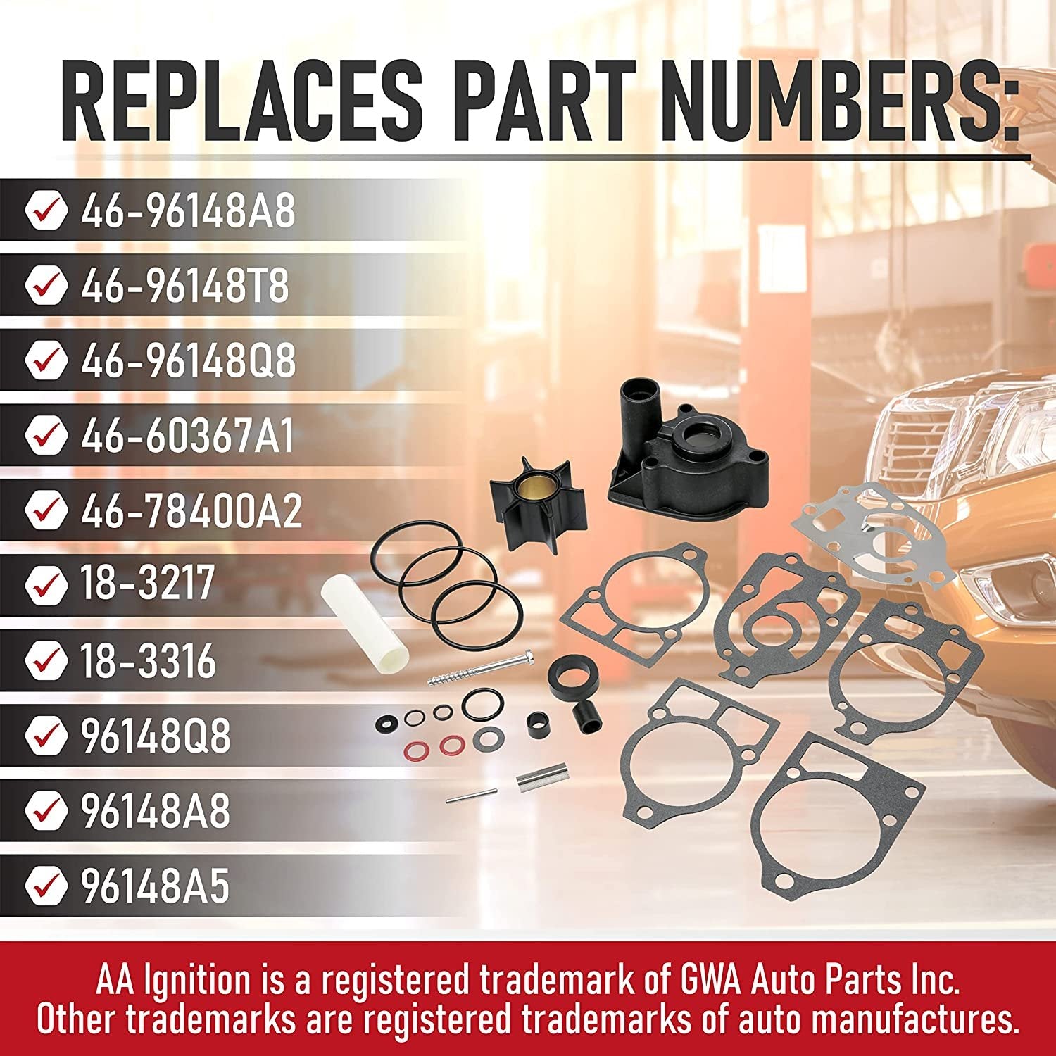 Water Pump Repair Kit - Compatible with Mercruiser Stern Drives, Mariner and Mercury 2-strokes Outboards - Pre-Alpha, Alpha One - Replaces 96148Q8, 46-96148Q8, 46-96148A8, 46-96148T8, 18-3217, 18-3316