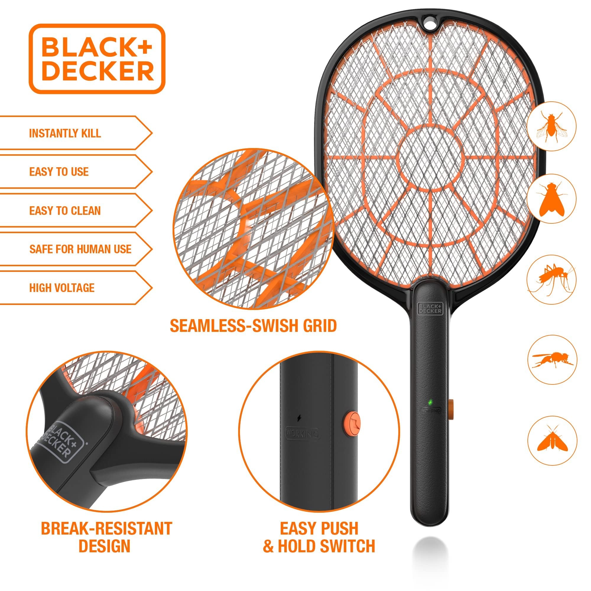 BLACK+DECKER Bug Zapper Racket - Handheld Electric Fly Swatter - Battery Operated - Harmless-to-Humans - Indoor/Outdoor - Black - Size: 1 Count