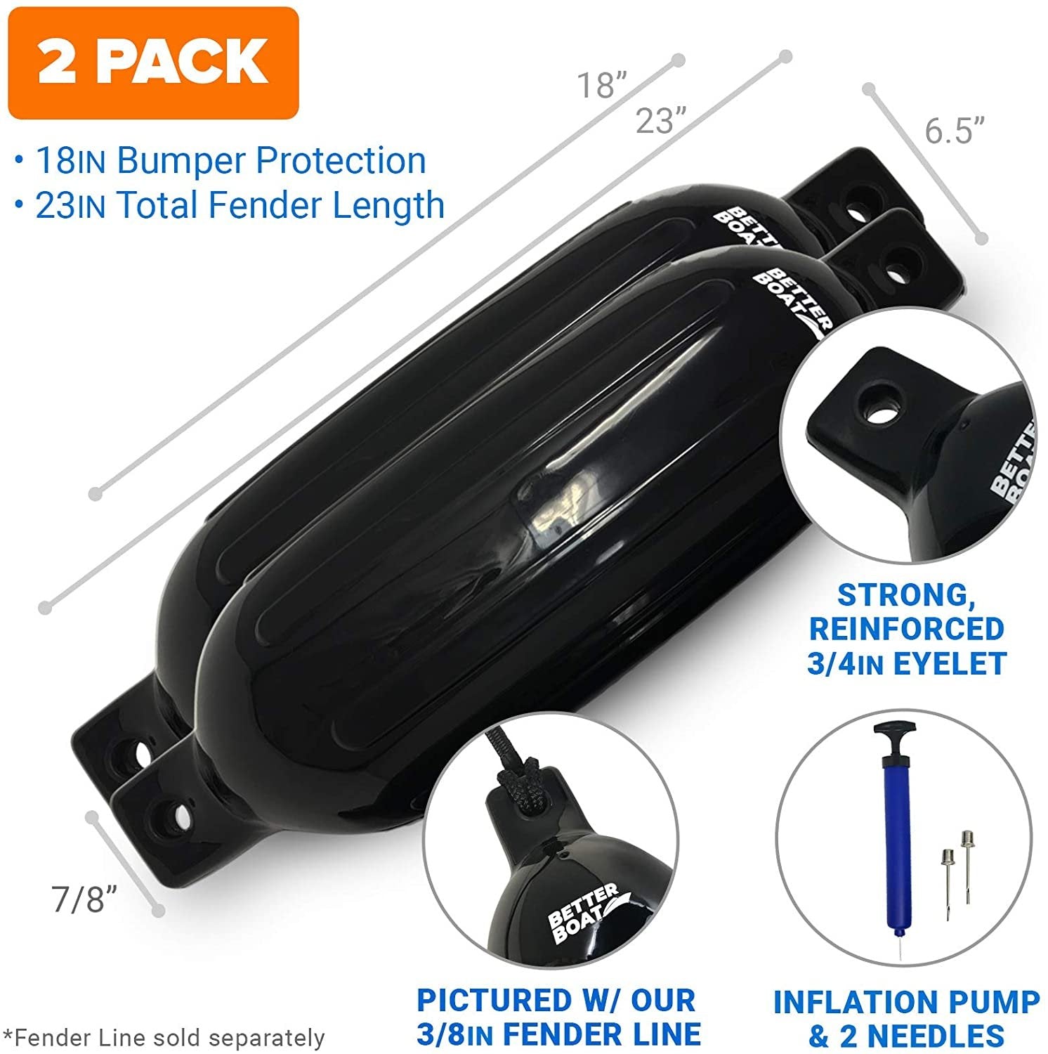 2 Pack Boat Fenders for Docking Boat Bumpers for Docking with Pump Boat Accessories Boat Dock Bumpers Set Buoys Pontoons Buoy Inflatable Fender Marine Bouys 23" x 6.5" Black Blue or White