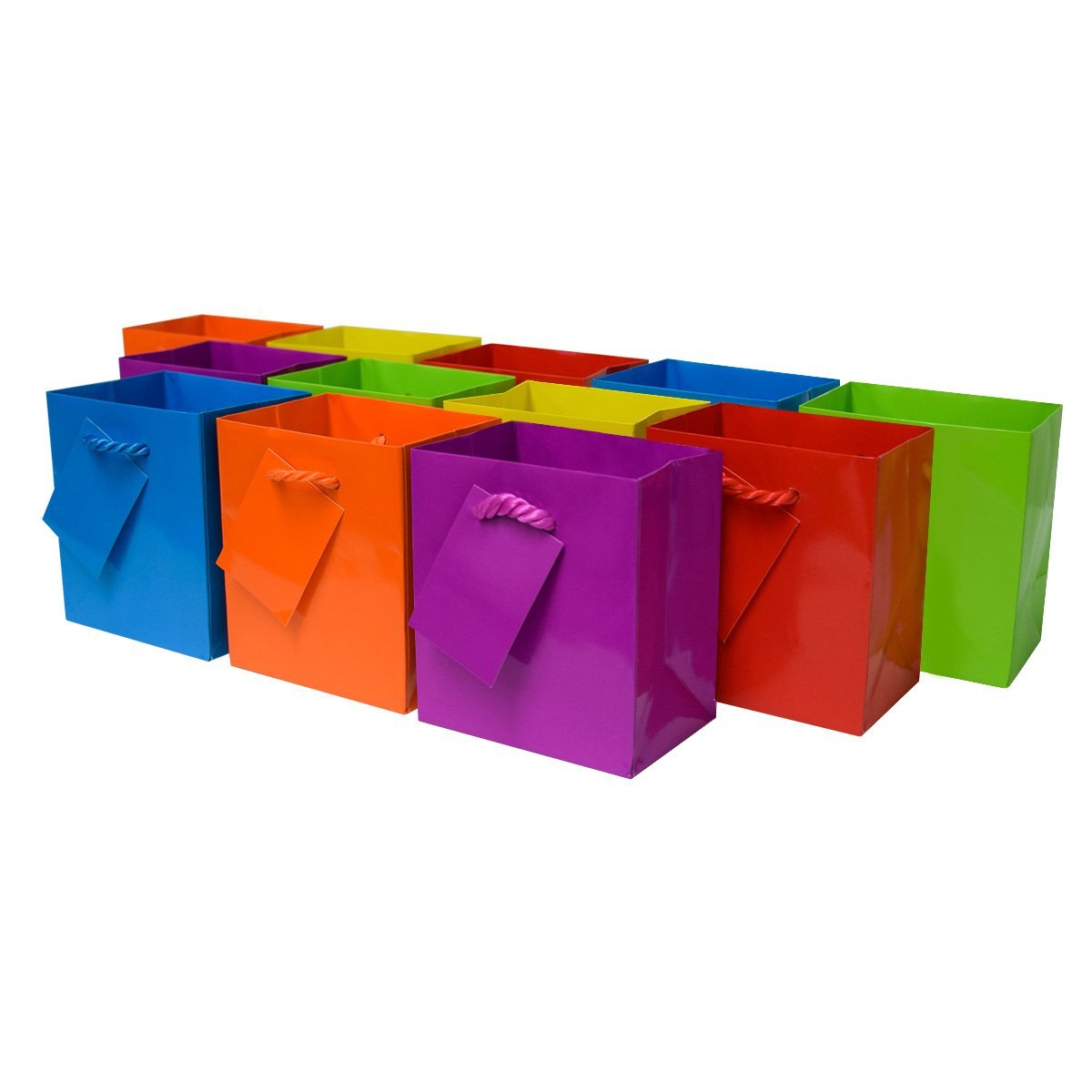 Mini Gift Bags - 12 Pack Rainbow Assorted Color Tiny Gift Bags with Handles, Reusable Plain Paper Gift Wrap Totes for Baby Shower & Birthday Party, Kids Favors, Goodie Bags, in Bulk - 4x2.75x4.5