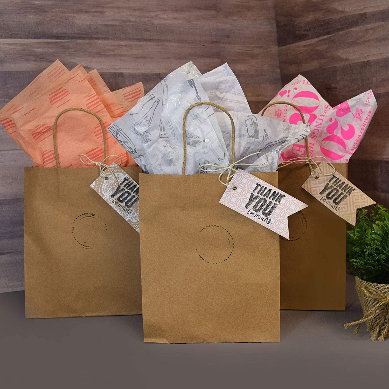 Brown Paper Bags with Handles - 10x5x13 inches 100 Pcs. Paper Shopping Bags, Bulk Gift Bags, Kraft, Party, Favor, Goody, Take-Out, Merchandise, Retail Bags, 80% PCW Debbie Size Medium Large