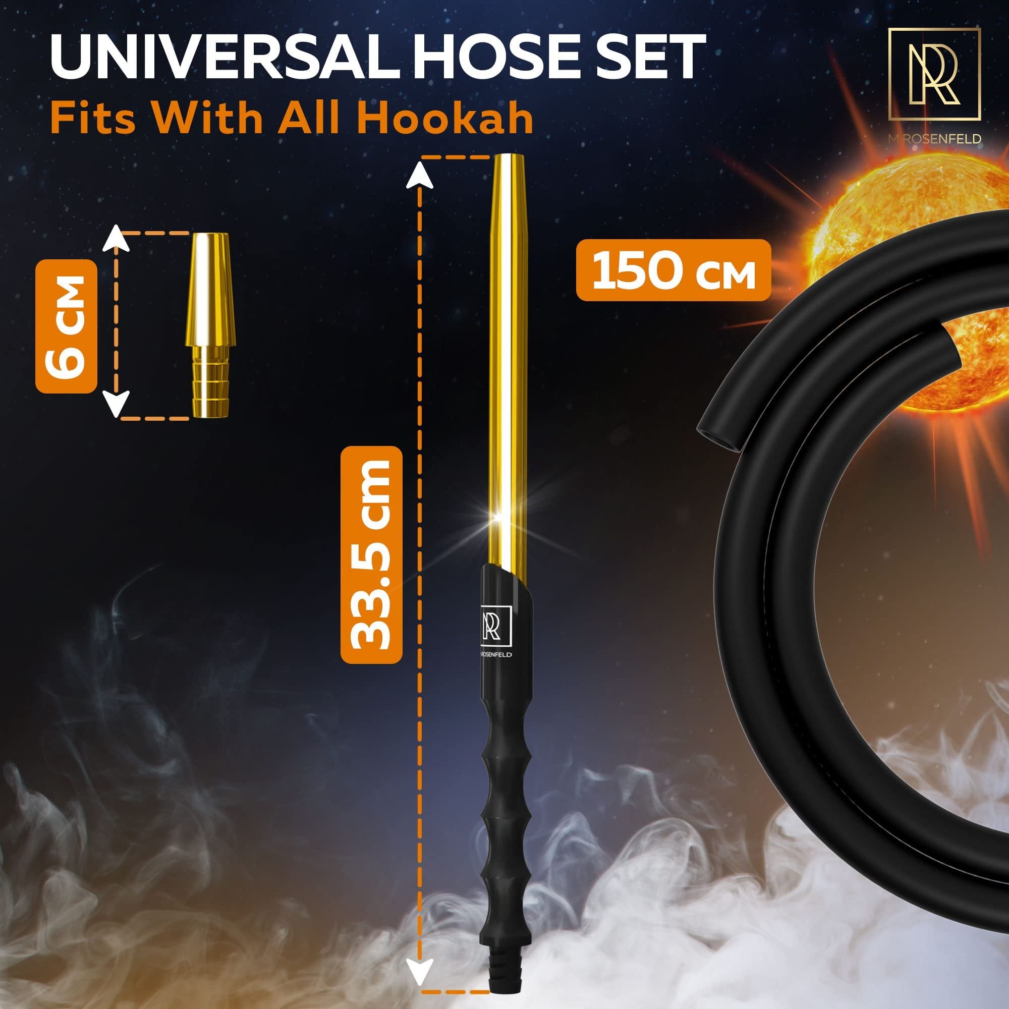 M. ROSENFELD 60" Long Hookah Hose Silicone - Gold Color - Washable - Modern Handle - 15" Aluminum Mouthpiece