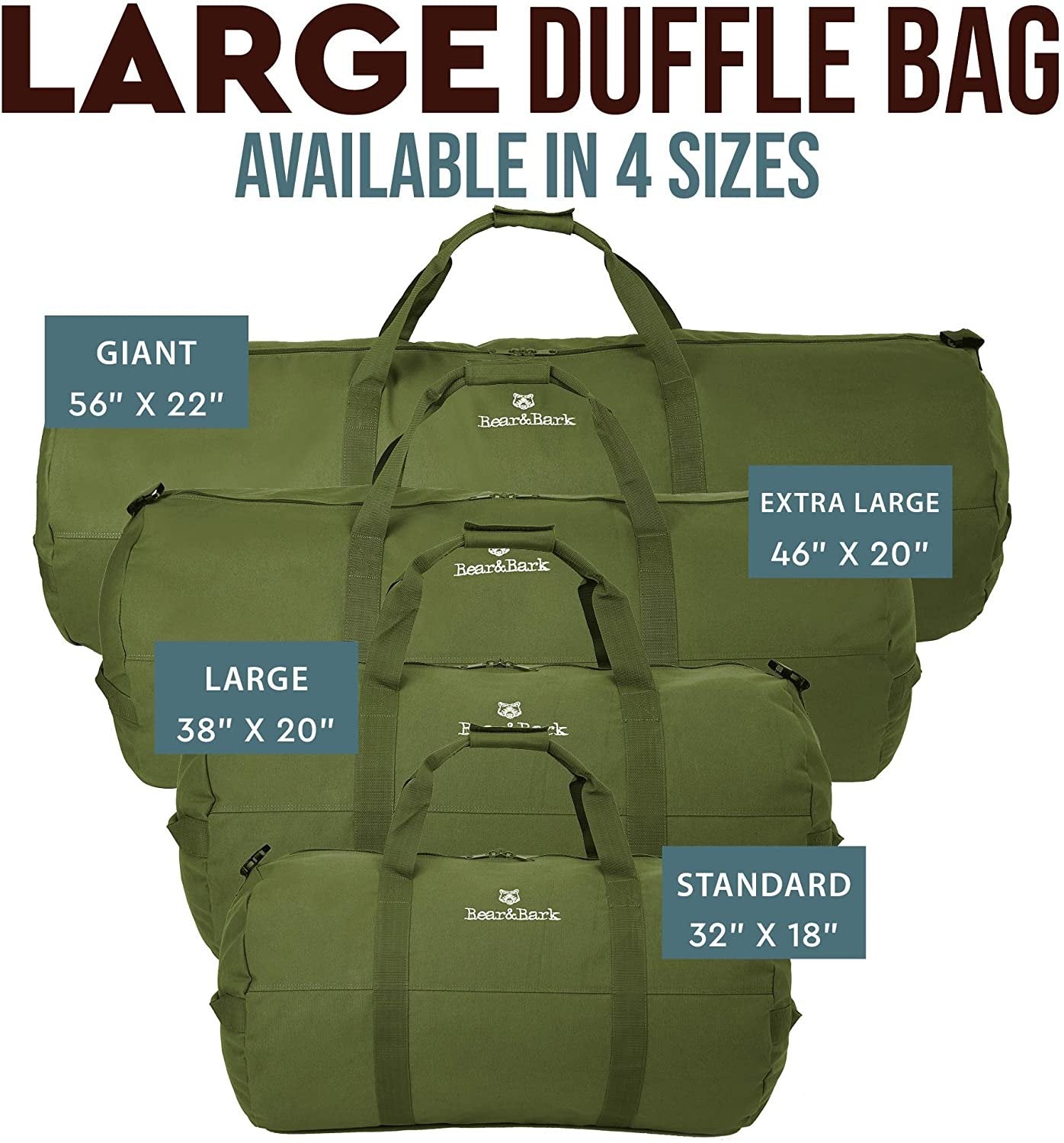 Desert Brown Military Canvas Duffel Bag Giant 56x22 - Army Cargo Style Carryall for Men and Women