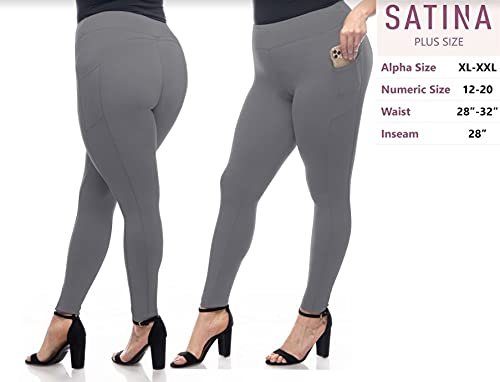 SATINA High Waisted Leggings with Pockets for Women - Workout Leggings for Regular & Plus Size Women - Gray Leggings Women - Yoga Leggings for Women |3 Inch Waistband (Plus Size, Gray)