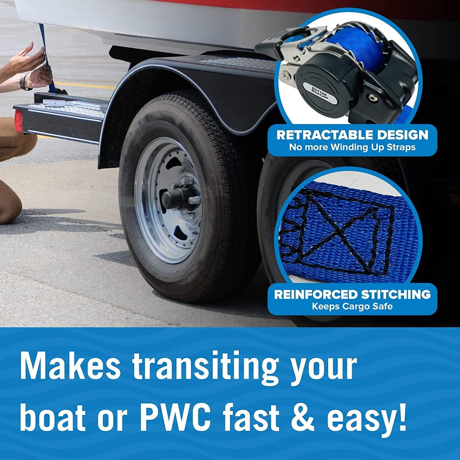 Stainless Steel Retractable Ratchet Straps Heavy Duty Set 2 Transom Tie Downs to Boat Trailer Mounting Brackets & Bolts Set 2 inch x 43" Auto Retract Self Retracting Buckle Short & Long for Cargo