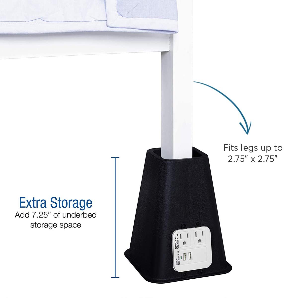 HOLDN' STORAGE Bed Risers - 7.25 Inch Size, 1200 lbs Capacity, Power Outlet & USB Ports, Black - Set of 4