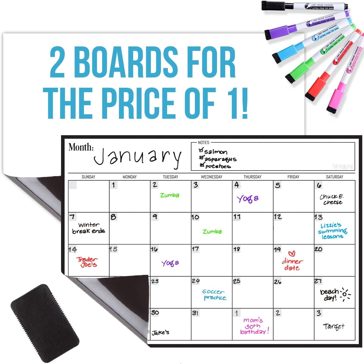 Monthly Magnetic Whiteboard - 2 Boards - 17x12 Size - 6 Markers - Large Eraser - Great for Fridge or Wall - White