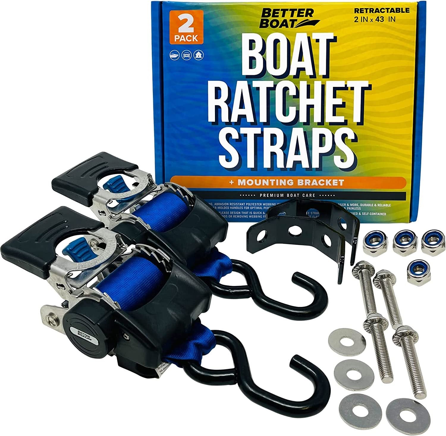 Stainless Steel Retractable Ratchet Straps Heavy Duty Set 2 Transom Tie Downs to Boat Trailer Mounting Brackets & Bolts Set 2 inch x 43" Auto Retract Self Retracting Buckle Short & Long for Cargo